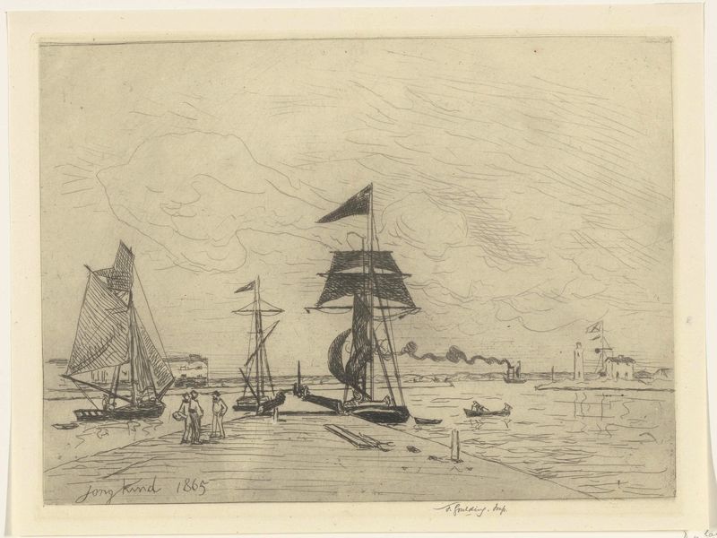 Gravura de Johan Barthold Jongkind retratando uma cena de porto com barcos e reflexos na água.