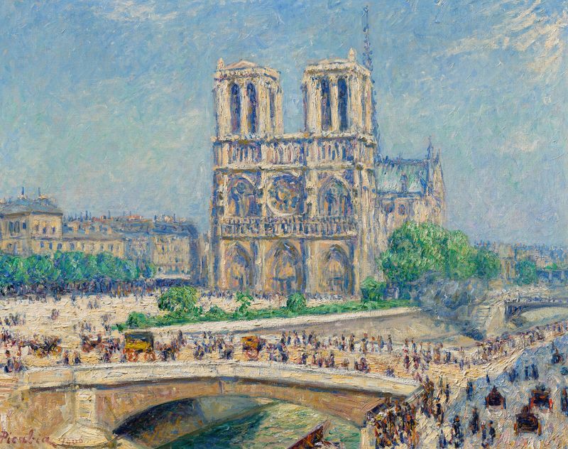 Notre-Dame, effet de soleil by Francis Picabia, oil on canvas, sunlight illuminating cathedral facade.