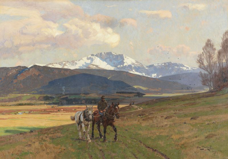 Rider on horse in mountain landscape, oil painting by Otto Strützel
