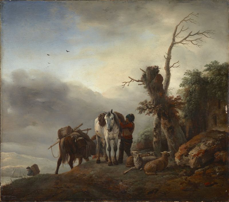 Landscape with Packhorses, oil painting by Philips Wouwerman, featuring two packhorses in a verdant landscape.