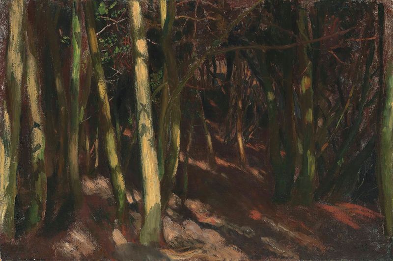 Paisagem de árvores com folhas vibrantes de William Blake Richmond, 1889