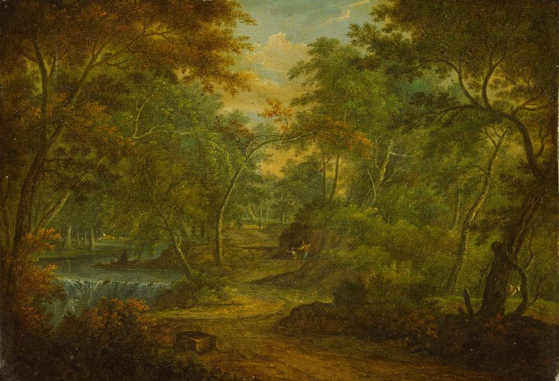 A wooded landscape with a stream and a fisherman, oil painting by Thomas Smith of Derby
