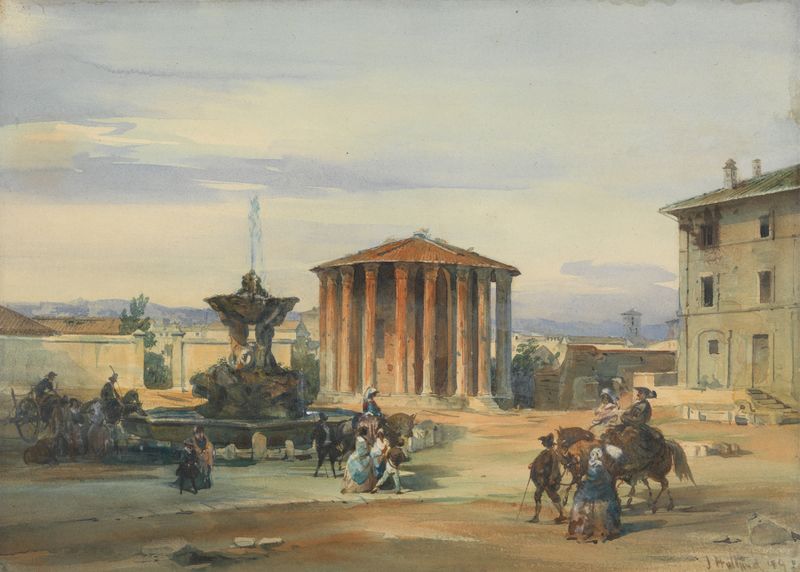 O Templo de Vesta, óleo sobre tela de James Holland, apresentando arquitetura antiga com luz suave e sombras.