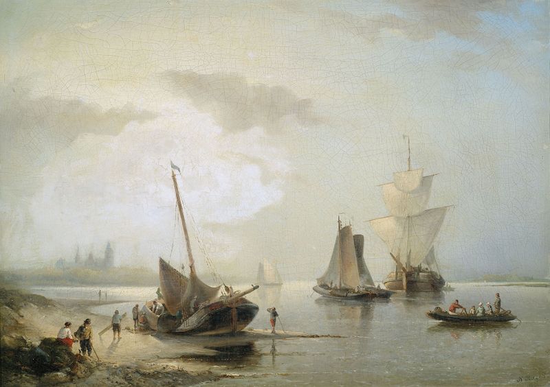 Barcos de vela al amanecer en el agua, pintura al óleo de Nicolaas Riegen