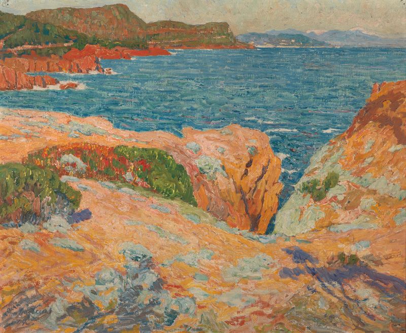 Landscape of Côte d'Azur by Emile Claus, oil painting featuring sunlight and water