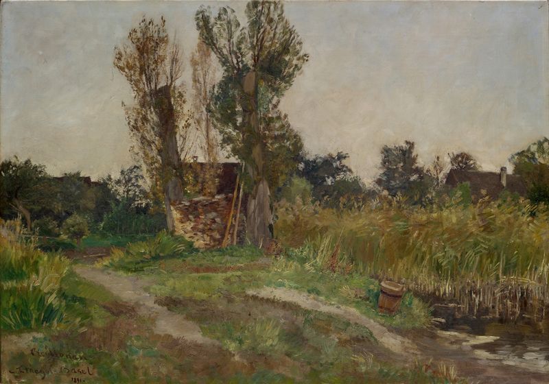 Banks of the Island of Reichenau, óleo sobre lienzo de Carl Theodor Meyer-Basel, que representa un paisaje de río tranquilo.