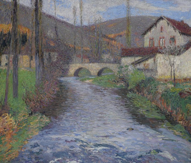 L’École et le pont sur le vert à Labastide-du-Vert de Henri Martin, óleo sobre lienzo que representa un paisaje sereno.
