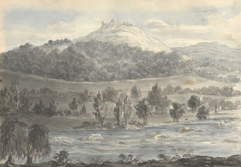 Llangollen de Anne Rushout, óleo sobre lienzo que representa un río y colinas onduladas
