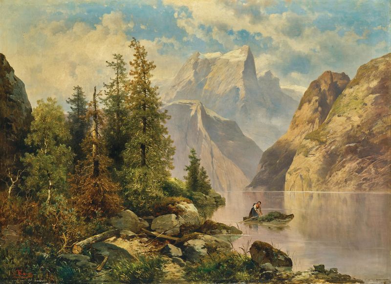 Um lago de montanha sereno com um barco, pintura a óleo de Josef Thoma