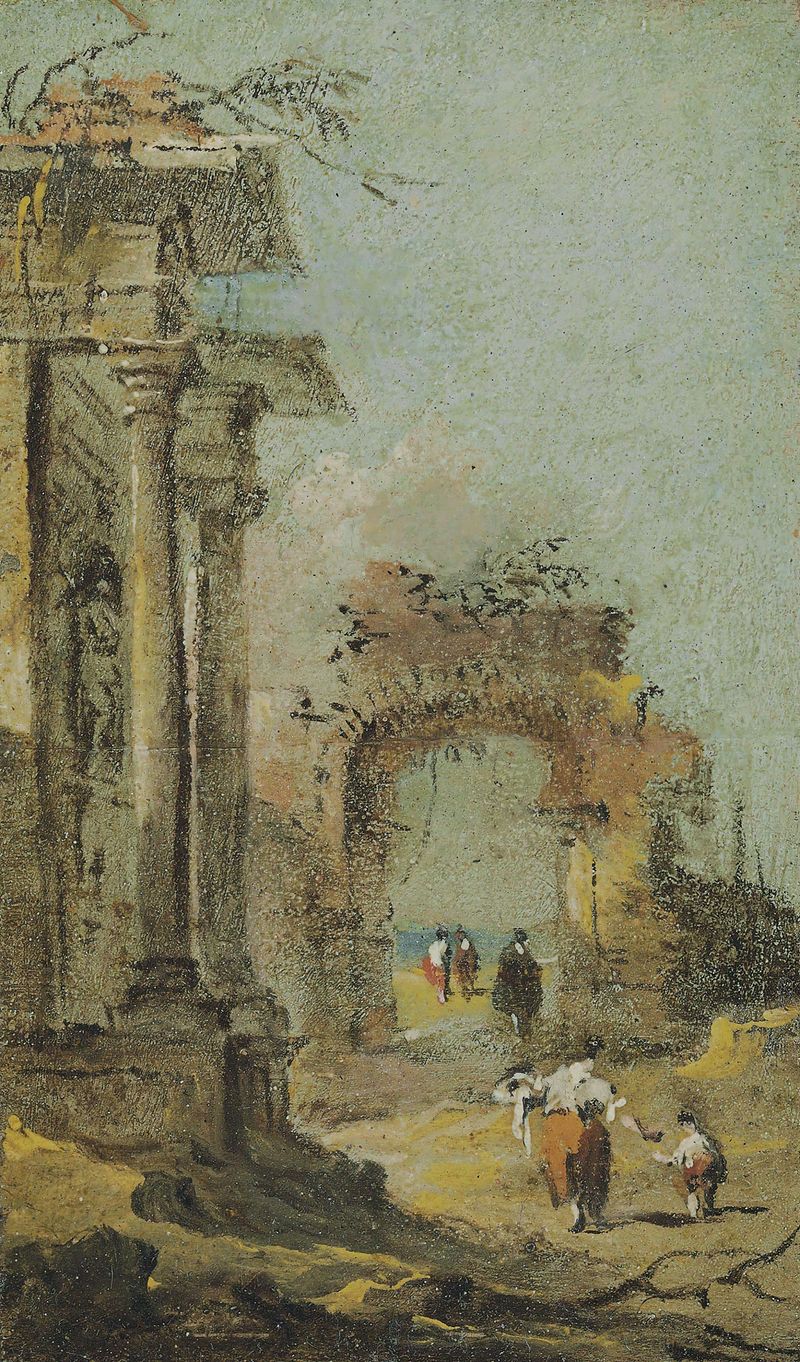 Capriccio of Architectural Ruins and Figures de Francesco Guardi, pintura a óleo rococó com ruínas e figuras.