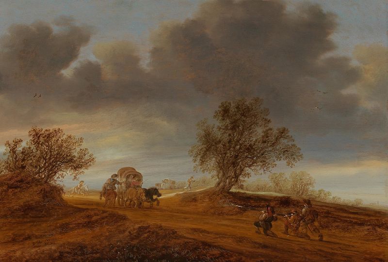 A raid on a horse and wagon in the dunes at sunset, óleo sobre tela de Jacob Salomonsz. van Ruysdael