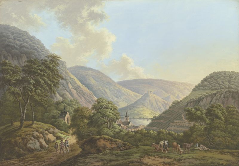 Pintura al óleo de paisaje de Karl Franz Kraul que representa un pueblo en un valle