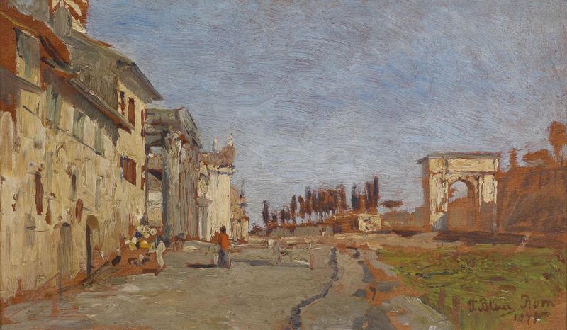Römisches Capriccio mit Titusbogen de Tina Blau, pintura a óleo que retrata uma paisagem romana com ruínas e cores vibrantes