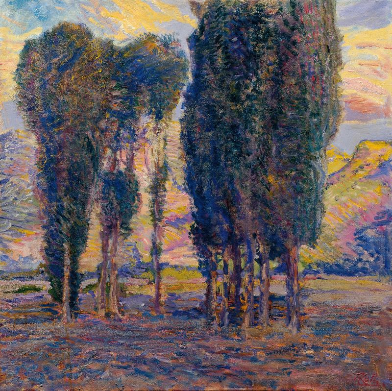 Paisaje con álamos y luz solar, pintura al óleo de August Roth
