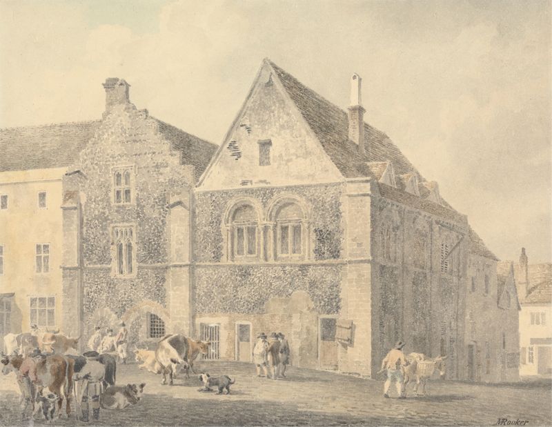 Landscape of The Market Square, Bury St. Edmunds, oil on canvas by Michael Angelo Rooker