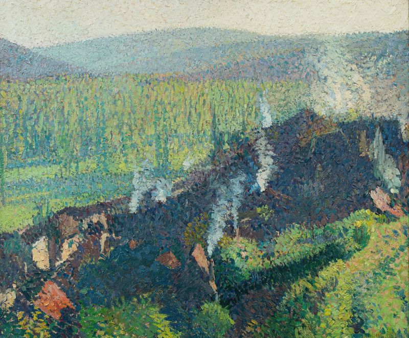 Pintura al óleo de Henri Martin que representa Labastide du Vert con nubes y horizonte.