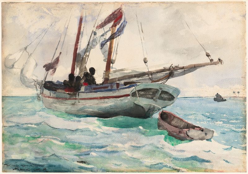 Schooner – Nassau de Winslow Homer, óleo sobre lienzo, representando un barco en olas vibrantes