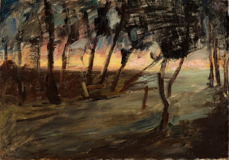 Evening – Maryino de Jan Ciągliński, impressionismo, paisagem com pôr do sol e árvores