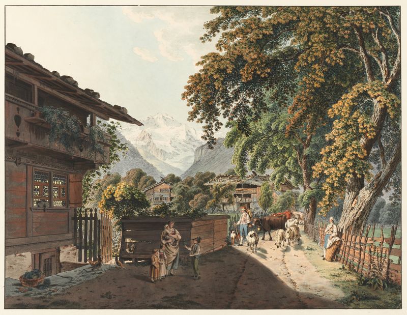 Le Retour des Alpes by Franz Niklaus König, oil on canvas, depicts a tranquil mountain landscape.