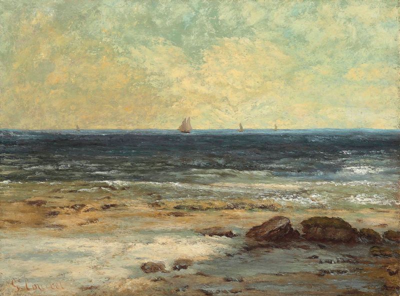 Bords de la Mer, Palavas by Gustave Courbet, oil painting depicting a tranquil shoreline.