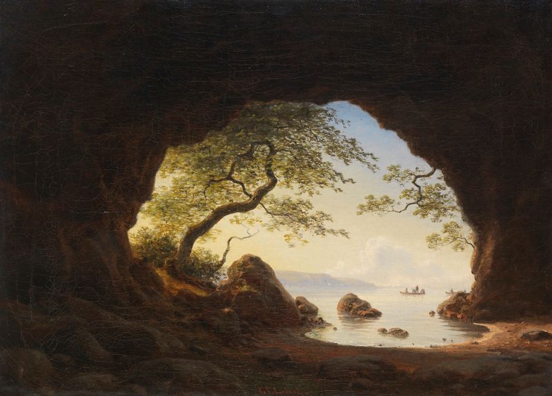 Felsgrotte auf Bornholm by Georg Emil Libert, oil on canvas depicting a cavern with light and shadow.