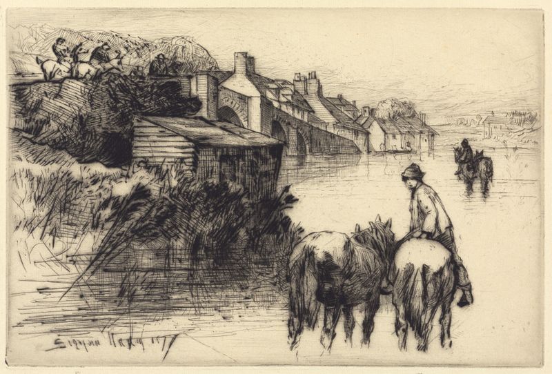 Grabado de Wareham Bridge de Francis Seymour Haden, que representa un paisaje tranquilo con reflejos en el agua.