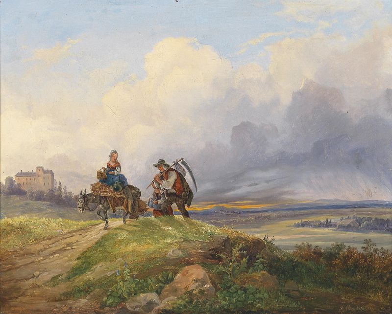 Escena de género que muestra a un agricultor cansado caminando a casa, óleo de Josef Altenkopf