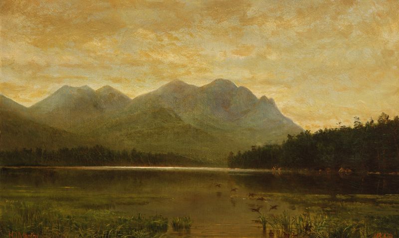 Upper Ausable Lake oil painting by Homer Dodge Martin, featuring tranquil water and lush forest.