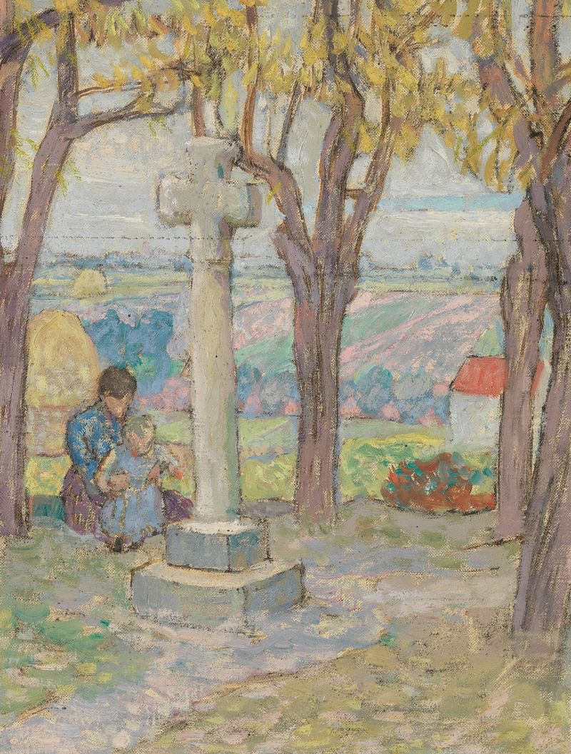 Village scene with a solitary figure, oil on canvas by Victor Menu