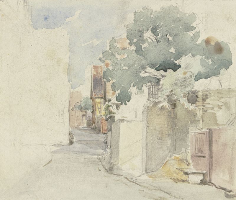 Village road in Kronberg de Anton Burger, óleo sobre lienzo que muestra un camino sinuoso entre la vegetación.