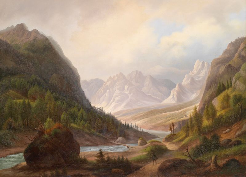 Oil painting by Anton Schiffer depicting a wanderer in a mountainous valley.