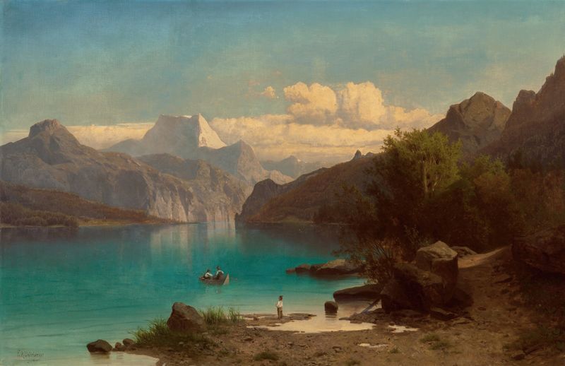 Alpine Landscape de Franz Richard Unterberger, óleo que representa montañas y flores silvestres.