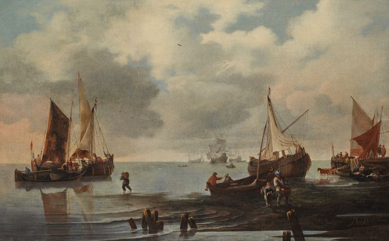 A calm with ships and fishermen along the shore, oil painting by Hendrick Jacobsz. Dubbels
