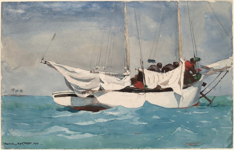 óleo de Winslow Homer que muestra un barco en aguas tranquilas con luz solar