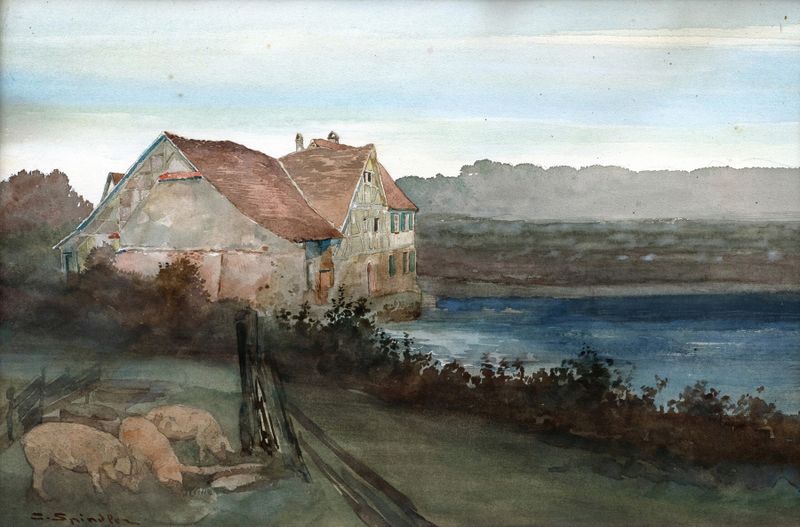 Paisaje de Post-Impresionismo de Charles Spindler con una granja y campos