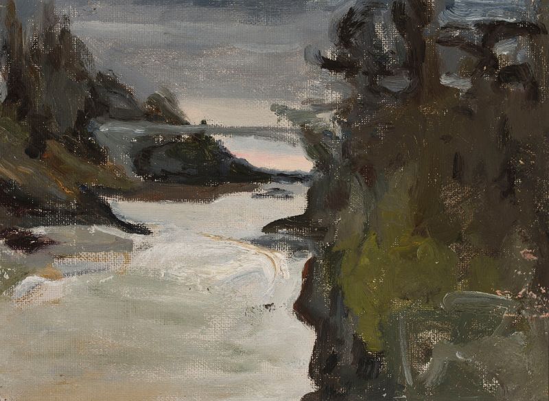 Paisaje de las rápidas de Imatra al crepúsculo, óleo de Jan Ciągliński