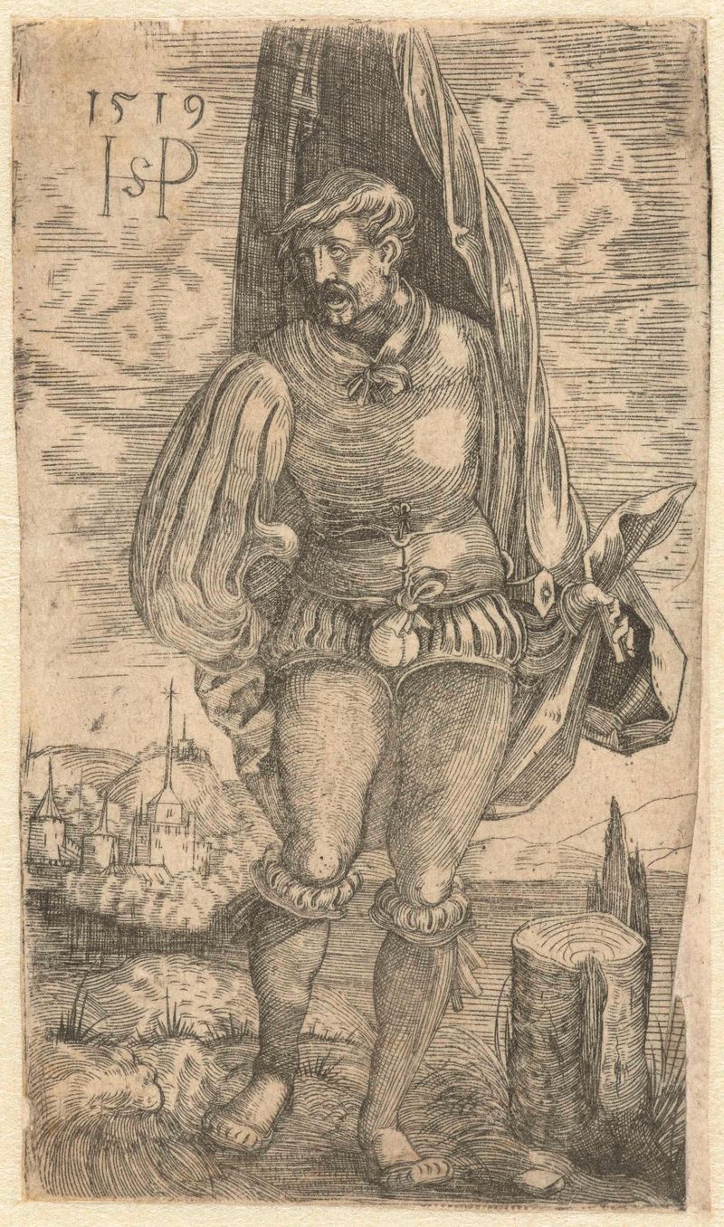 Grabado Vaandeldrager de Hans Sebald Beham que muestra una figura sosteniendo un estandarte vibrante.
