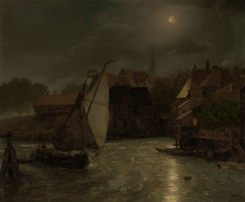 Barcos em um canal à noite, pintura a óleo de Andreas Achenbach