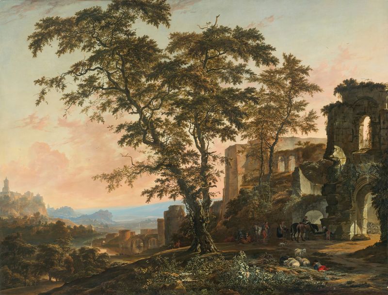 Extensive Rhenish landscape with peasants and animals resting, oil on canvas by Hendrik van Minderhout.