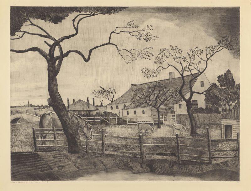 Landscape depicting a farm with cattle in Holland by Lodewijk Schelfhout, oil painting
