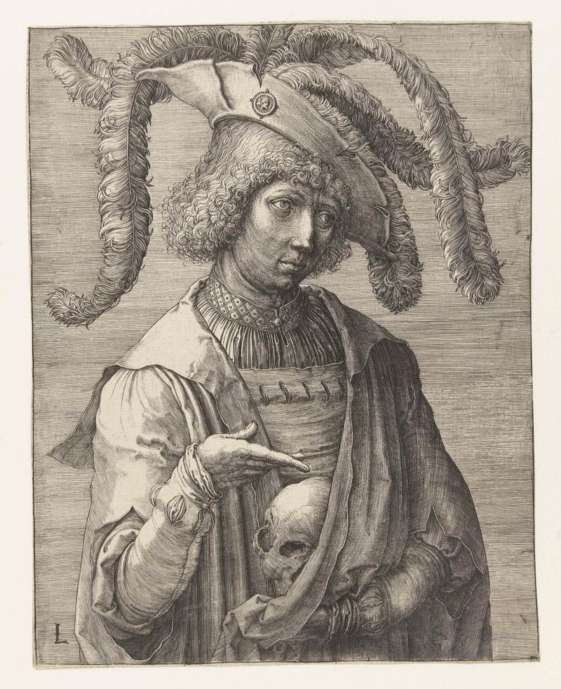 Grabado de Lucas van Leyden de un joven sosteniendo una calavera.