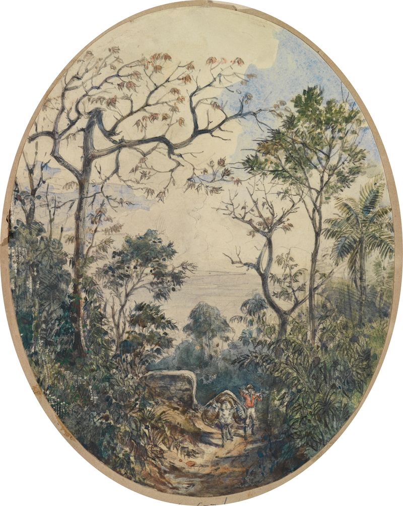 A man and a burdened beast ascend a winding path, oil painting by Ferdinand Keller.