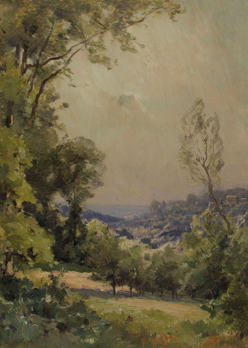 Landscape by Eugène Bourgeois, depicting hills in golden light, oil painting.