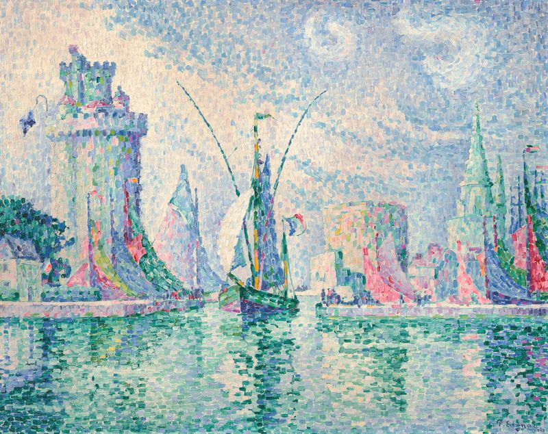 Les tours vertes, la Rochelle de Paul Signac, pintura a óleo que retrata uma cena marinha animada.