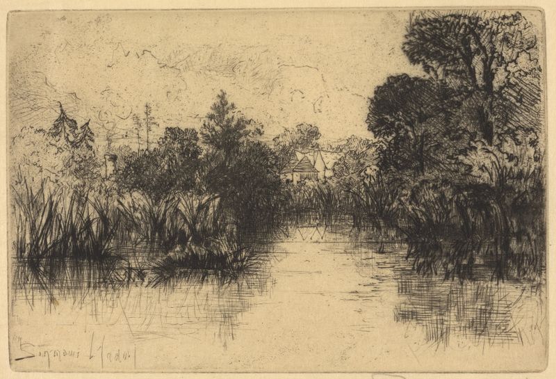 Shere Mill Pond, no. 1 de Francis Seymour Haden, representando un paisaje sereno con agua y árboles, grabado.