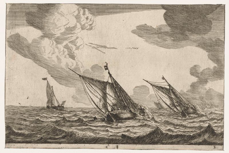 Drie zeilschepen op een ruwe zee, grabado de Reinier Nooms mostrando barcos en olas tormentosas.