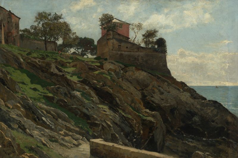 Landschaft bei Nervi, óleo sobre lienzo de Paul von Ravenstein que muestra colinas y luz solar.