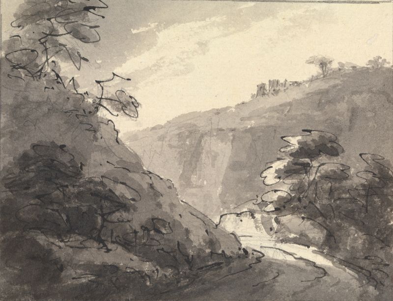 Paisaje con Camino en Primer Plano de William Gilpin, pintura al óleo que muestra un camino sinuoso entre la vegetación ex...