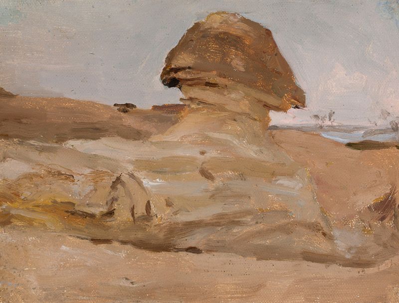 Esfinge em uma paisagem desértica, óleo sobre tela de Jan Ciągliński