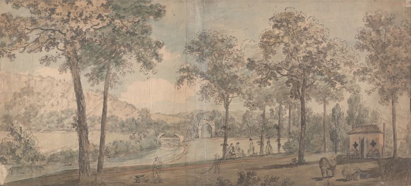 Landscape oil painting by Samuel Scott depicting rolling hills and sunlight.